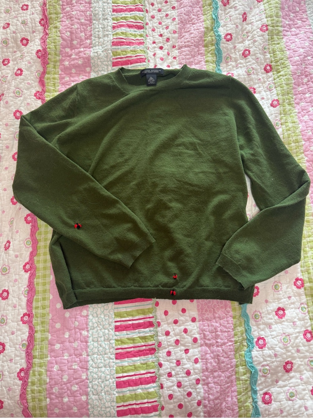 Wool green whimsy ladybug embroidered sweater
